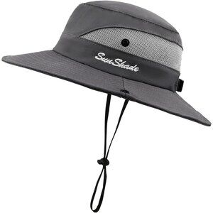Unisex Gray Polyester Wide Brim Mesh Vent With Chin Strap Classic Cowboy Hat